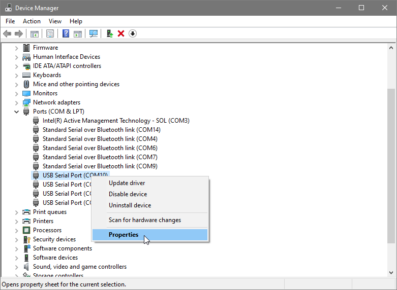 Device Manager with the FTDI USB Serial Port context menu open and Properties selected