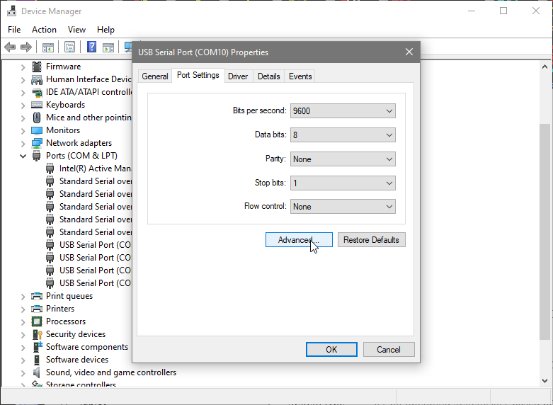 USB Serial Port Properties window with the Port Settings tab and the Advanced button