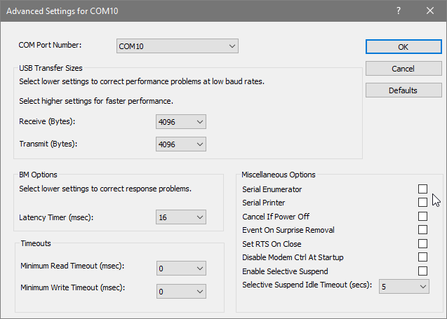 Advanced Settings window with Serial Enumerator cleared and ready to save